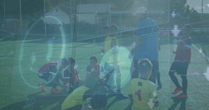 Animation of statistics and data processing over diverse football players on pitch