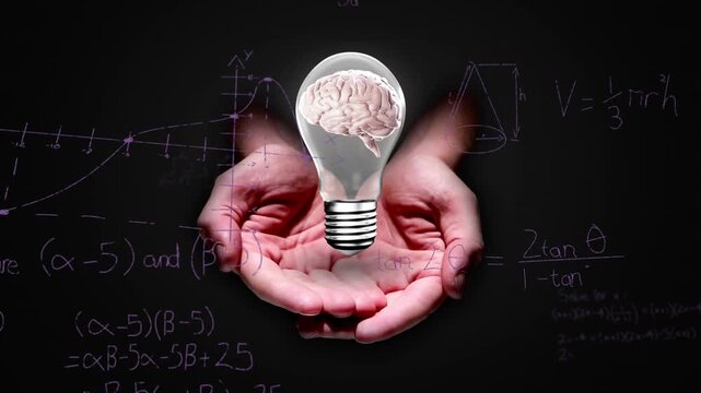 Animation of hands holding light bulb with brain over mathematical equations on black background