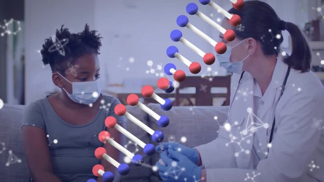 Animation of dna strand spinning over business family using falling hello