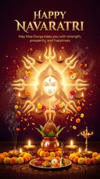 Happy navaratri celebration with goddess durga idol and traditional decorations