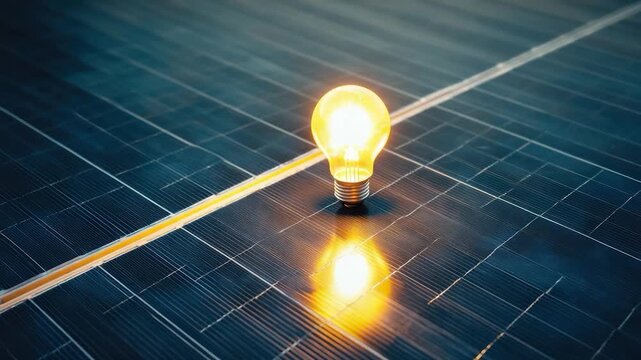 Glowing light bulb atop blue solar panel, symbolizing renewable energy and innovation