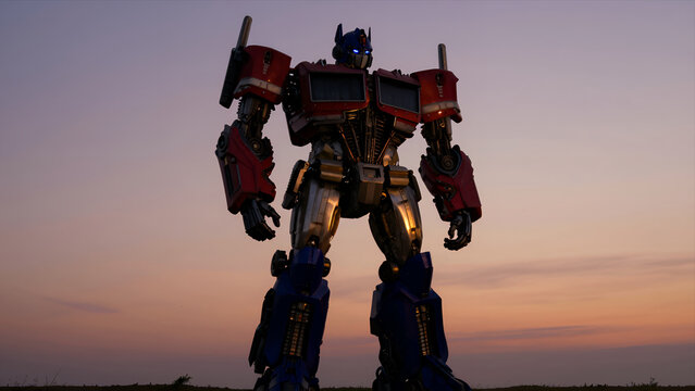 Giant Transformer Robot Standing Heroically at Sunset with Dramatic Sky Background for Movie Poster or Sci-Fi Concept Art