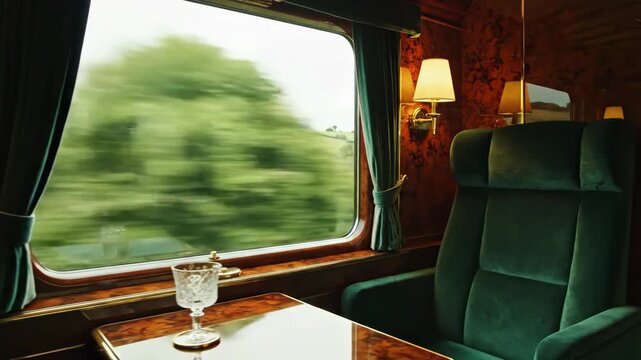 Empty Luxury Vintage Train Car Interior Moving Through Countryside