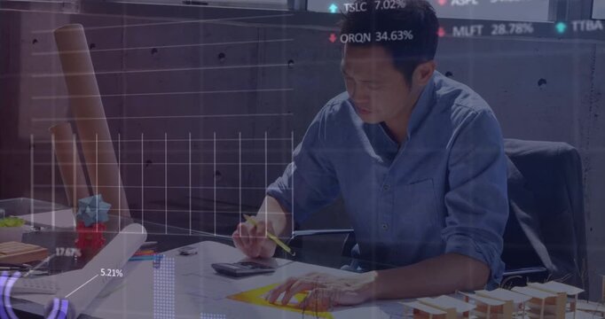 Animation of financial data processing over asian businessman