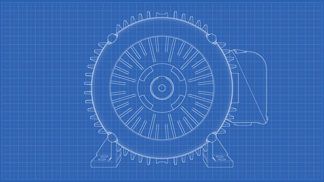 Three-Phase Induction Electric Motor AC. Technical Drawing. 3D rendering isolated on white background. 3D Mesh, Sketch, Blueprint, Vector style or Drawing. Ideal for educational, engineering