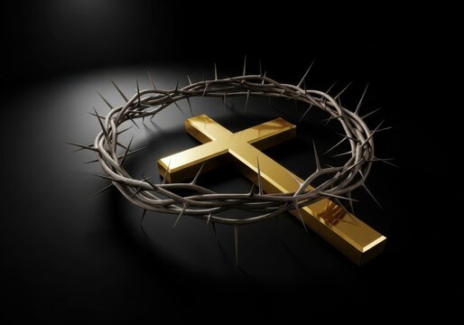 Golden cross and crown of thorns on dark background