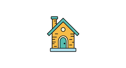 Simple house icon with orange brick wall and blue roof.