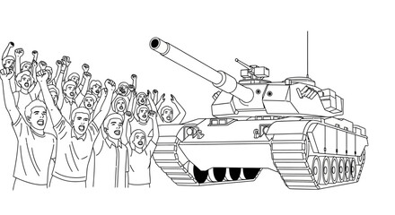 Obraz premium Protesters with Raised Fists Confront Tank, Symbolizing Conflict and Resistance
