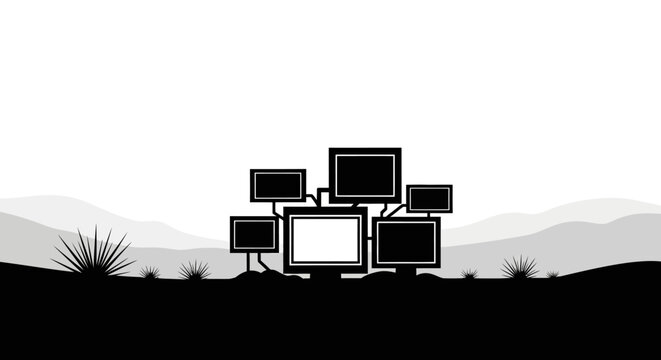Retro Computer Monitors in Desert Landscape - Vintage Technology Concept