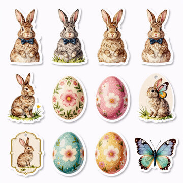 photorealistic, set of vintage easter stickers and labels with victorian illustrations, isolated on a white background