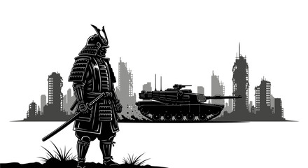 Fototapeta premium Samurai Warrior Stands Before Futuristic Cityscape with Tank