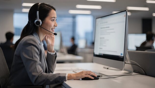 Customer service representative speaking on phone with blurred computer screen displaying crisis hotline script for weather alert support.