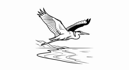 A striking black and white sketch of a heron in flight over rippling water © Gerad
