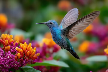 Fototapeta premium Colorful hummingbird hovering near vibrant flowers in a lush garden setting