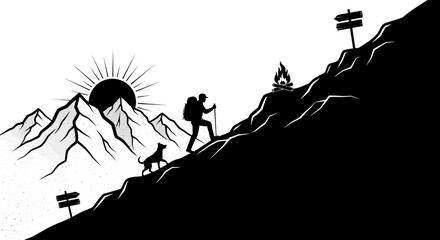 Hiker and dog ascend mountain trail silhouette sun overhead outdoor adventure