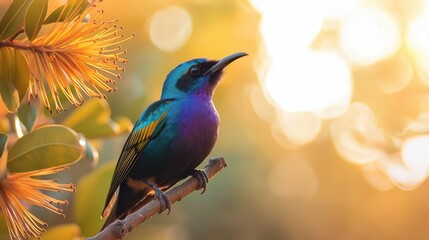 Obraz premium Iridescent sunbird perching on a branch, looking up towards the bright sunlight with bokeh background and blooming flower