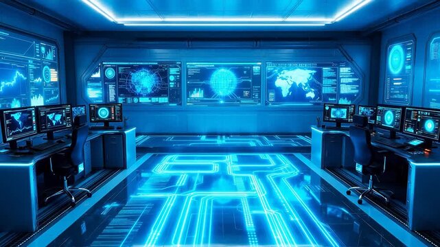 Futuristic control room with glowing blue displays