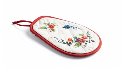 Quilted oven mitt with floral design and red trim, isolated on white background