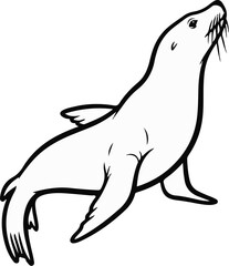 A simple black and white outline drawing of a sea lion looking upwards © Galih