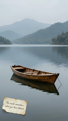 Fototapeta premium Serene Wooden Rowboat Floating on Calm Misty Lake Surrounded by Forested Mountains with Inspirational Quote Overlay
