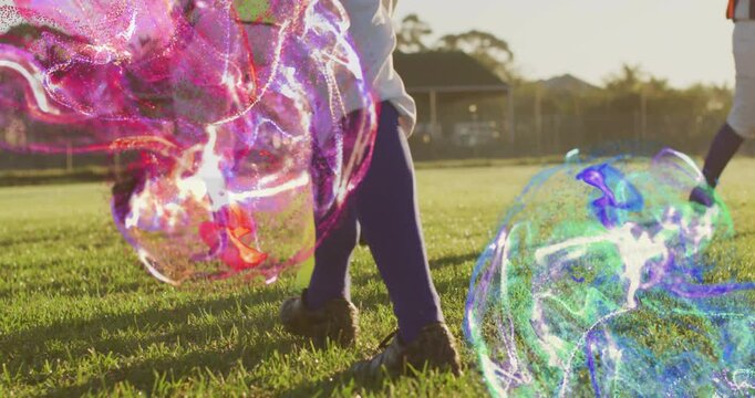 Five female baseball players starting agility training shuffling cones with neon orbs growing