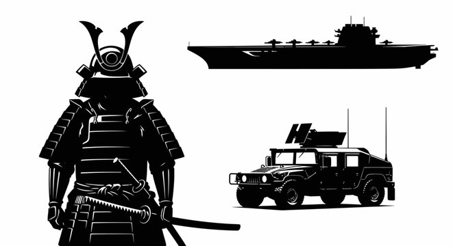 Silhouette of Samurai Warrior, Aircraft Carrier, and Humvee - Symbolizing Historical and Modern Warfare