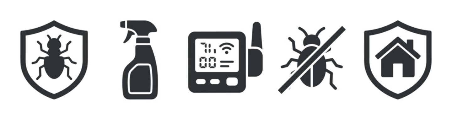 Black glyph icon set for pest control services, illustrating home protection from insects with a shield, spray bottle, electronic device, and extermination symbol