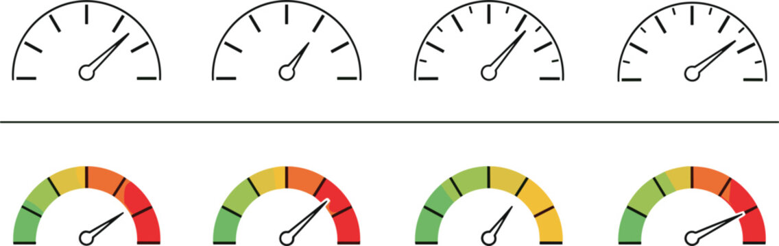 Speedometer and Gauge Icons Set with Colorful Indicators for Data Visualization, Performance Monitoring, and UI Design
