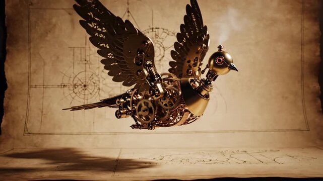 Mechanical Steampunk Clockwork Bird Flying Over Vintage Blueprint 4K