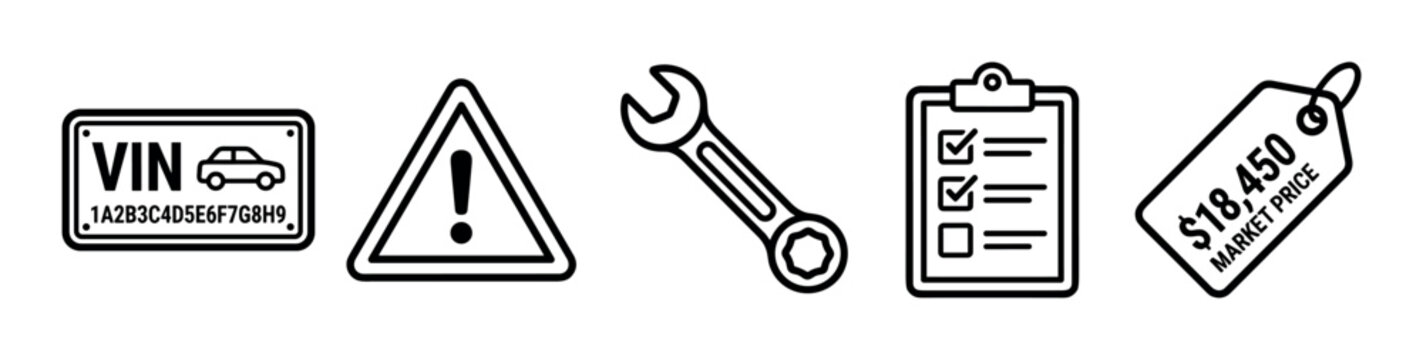 Black and white vehicle inspection icon set showing a VIN number, warning symbol, repair tool, checklist, and market price tag for automotive service and sales concepts