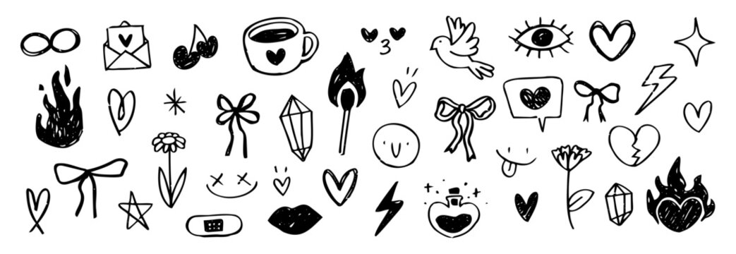 Hand drawn heart and love valentine aesthetic illustration set with doodle sticker and vector icon