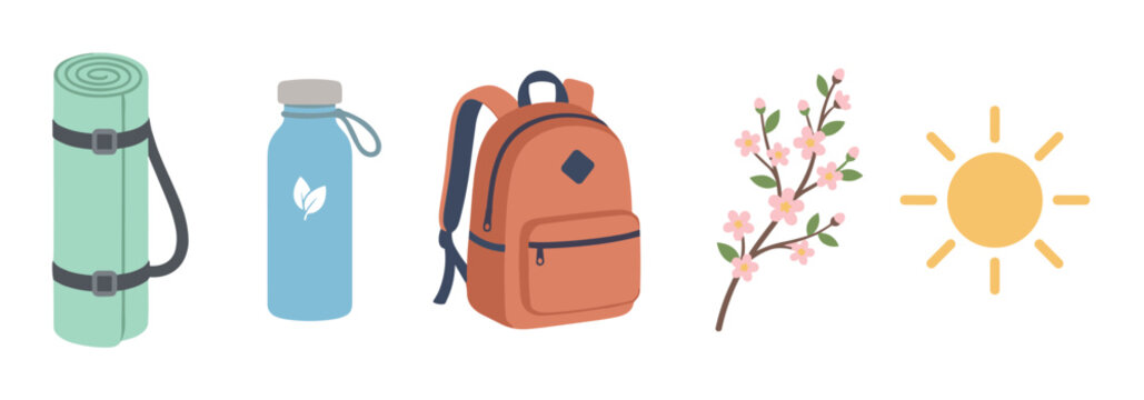 Set of travel and hiking essentials illustrated in a flat vector style, featuring a rolled mat, reusable water bottle, backpack, blooming spring branch, and a sun icon