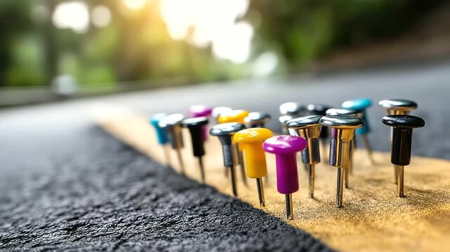 Row of colorful pins placed along road representing strategic planning and milestones in project development journey, with copy space