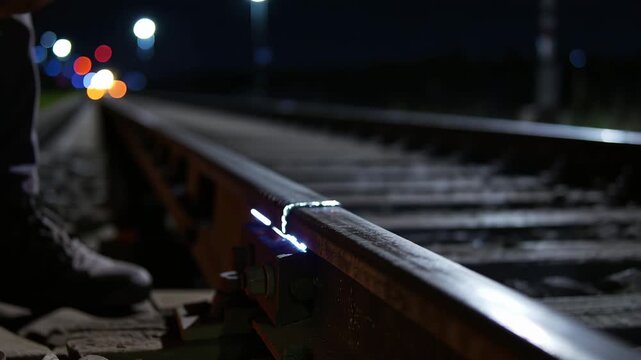 Worker using angle grinder cutting metal rail with bright sparks at night construction site, industrial maintenance scene related to engineering, railway infrastructure repair and heavy industry