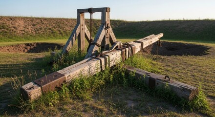 Fototapeta premium Wooden Trebuchet Weapon Structure Outdoors