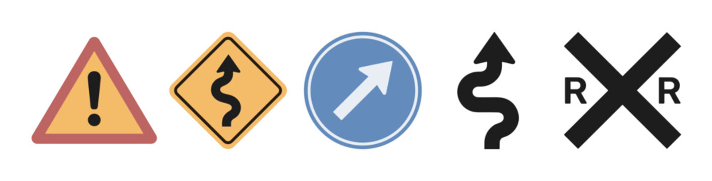 Collection of various road traffic signs including warning, mandatory direction, winding road, and railway crossing symbols presented in a clean, flat vector illustration style