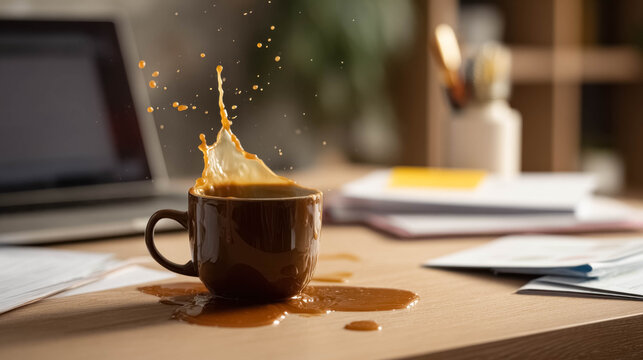 Coffee splash on office desk &ndash; realistic spilled coffee prank concept