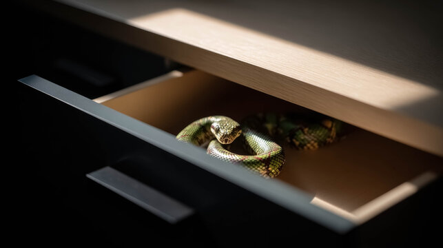 Snake hidden inside desk drawer, scary April Fools prank concept