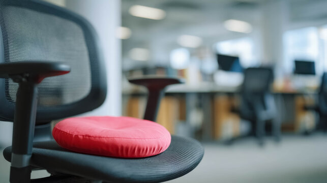 Red whoopee cushion on office chair, classic April Fools prank