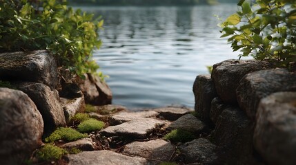 Naklejka premium A serene stone path leads towards a calm lake surrounded by lush greenery and textured rocks