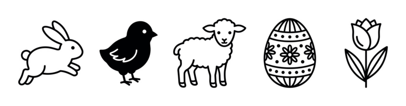 Set of five black Easter icons including a bunny, chick, lamb, decorated egg, and tulip flower in a simple line art and silhouette style for spring holiday celebration
