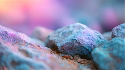 Obraz premium Detailed ro shot of granular rocks illuminated with vibrant pastel shades of pink purple and blue