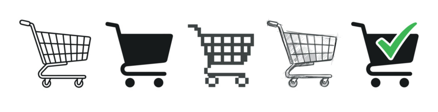 Set of shopping cart vector icons showing different graphic styles like outline, solid silhouette, pixel art, hand-drawn sketch, and a completed purchase symbol with a check mark