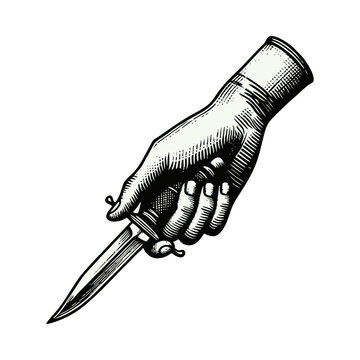 Hand holding open switchblade knife in vintage woodcut engraving style