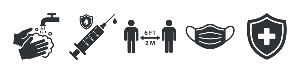 Obraz premium Set of black health icons showing pandemic prevention measures like hand washing, vaccination, social distancing, face mask wearing, and medical protection shields
