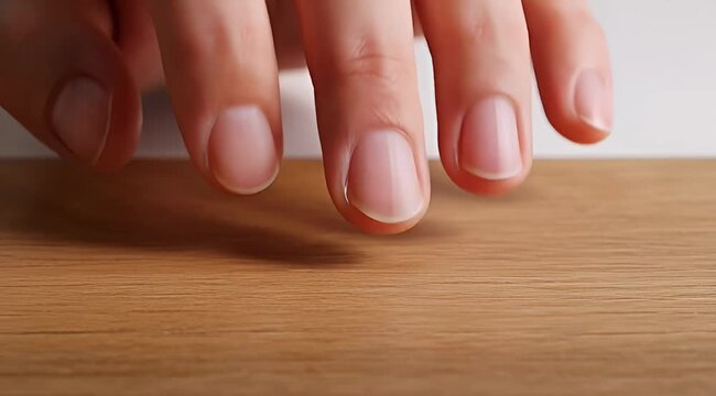 Close-up shot of a person's hand with natural nails tapping and sliding fingers on a light brown wooden surface, demonstrating interaction or searching, ideal for UI/UX concepts, touch screen