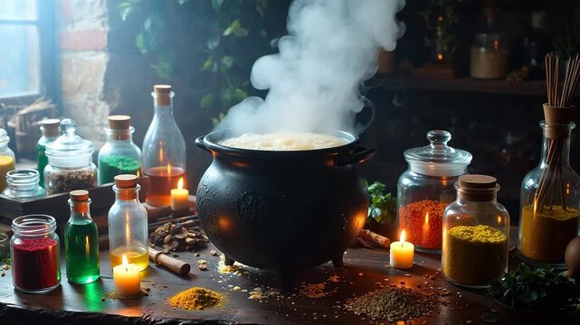 Alchemy potion brewing in cauldron