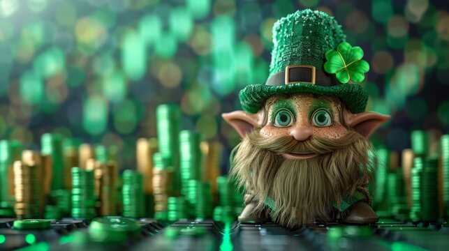Cheerful leprechaun smiles, wearing a green hat. He stands behind stacks of glowing green coins. The background sparkles with festive, blurred lights. His beard and eyes shine with playful energy