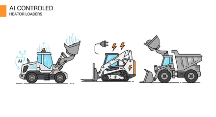 AI-controlled electric heavy construction vehicles: loader skid-steer and dump truck set. © Roti