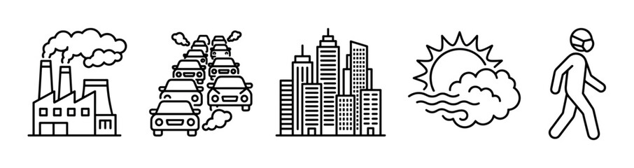 Fototapeta premium Black and white outline icon set illustrating urban air pollution with a factory, car traffic, city buildings, smoggy sun, and a person wearing a face mask